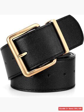 Wide Leather Belt with Gold Buckle for Dresses and Jeans